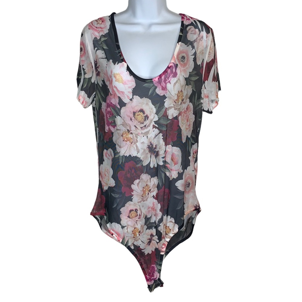 LOVE J Sheer Dark Floral Scoop Neck Bodysuit